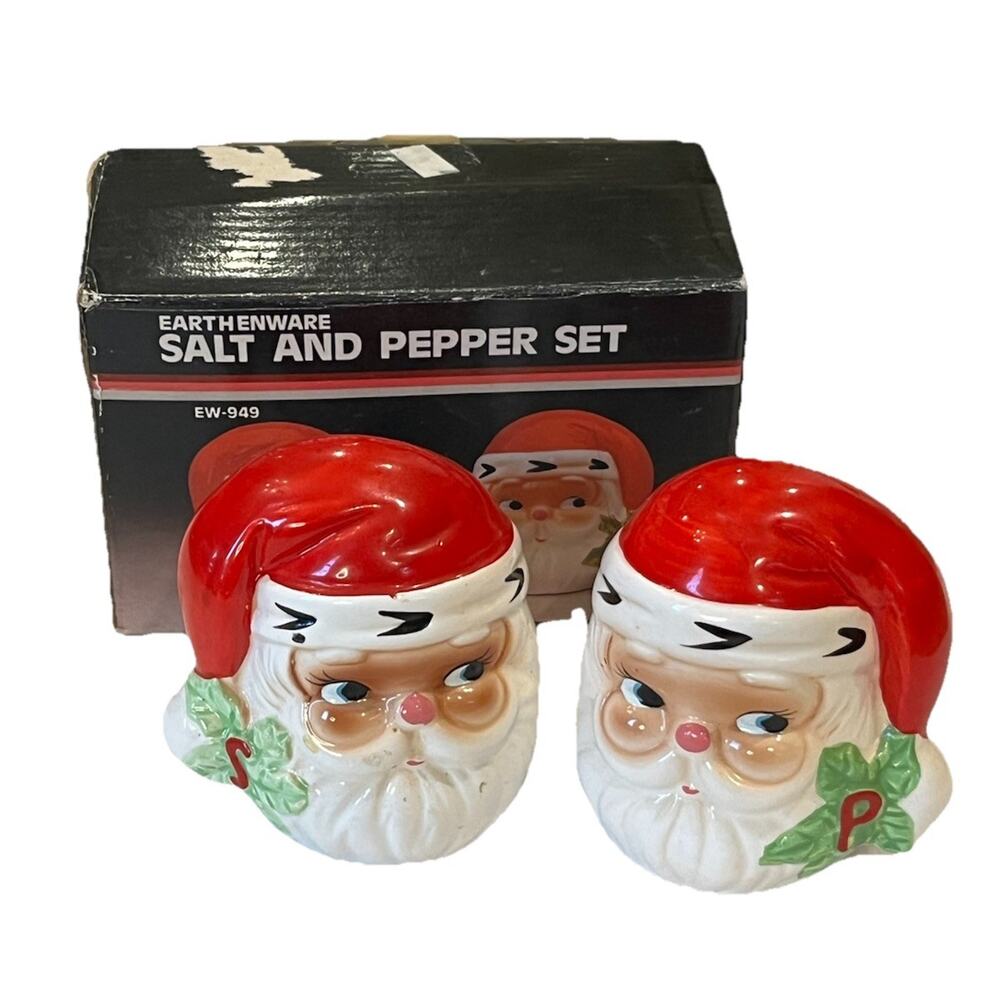 VTG Side Eye Santa Claus Salt & Pepper Shaker Set Hallmark Earthenware Orig Box
